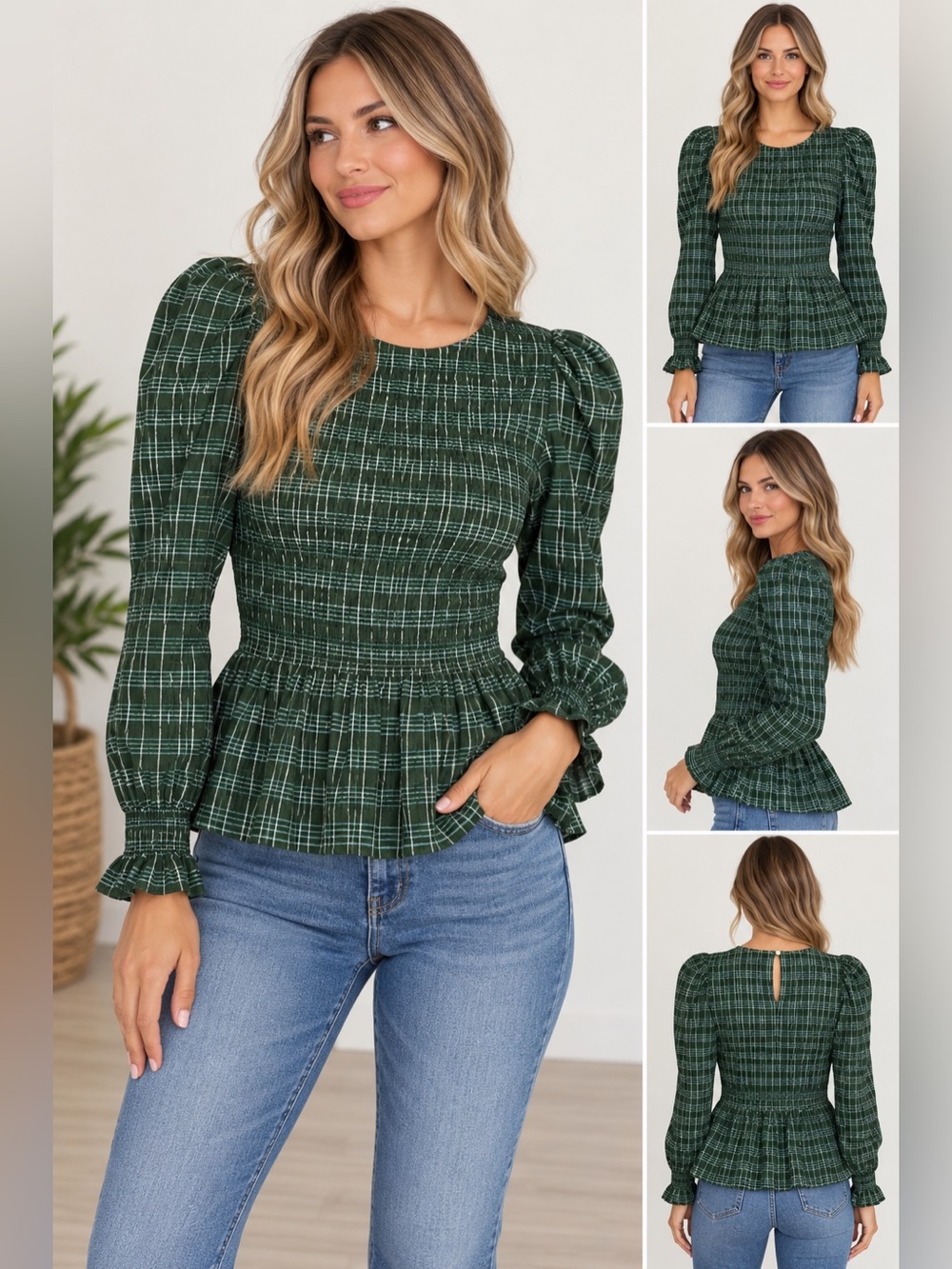 Universal Thread Women's Green Plaid Smocked Peplum Long Sleeve Blouse SMALL
